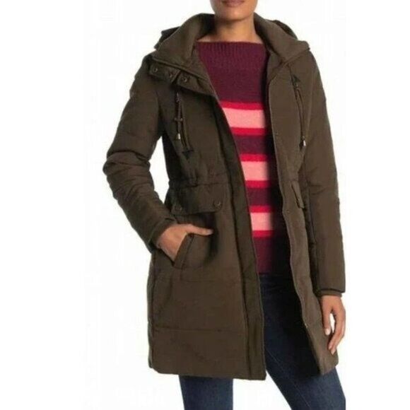 Lucky Brand Missy Army Full Zip Mid Length Olive Green Puffer Utility Coat S - Picture 1 of 5